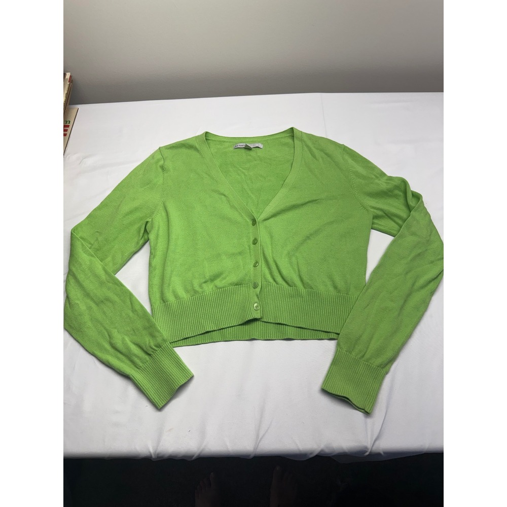 Old Navy Lime Green Cropped Cardigan V-Neck 100% Cotton Sweater Large
